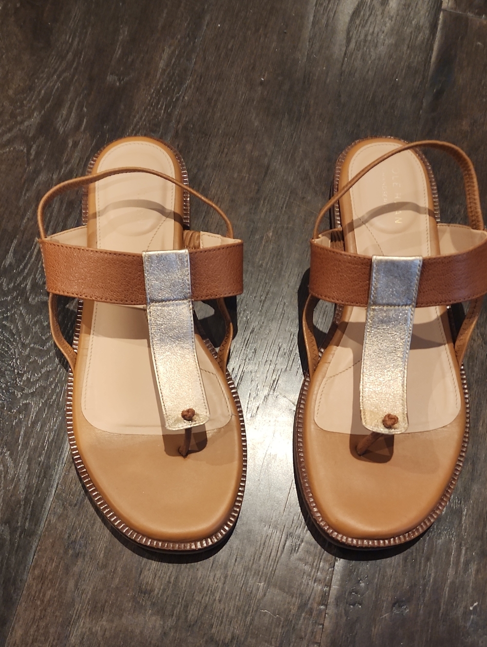 Women’s Tan and Rose Gold T-Strap Sandals